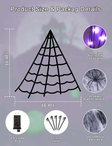 Halloween Decorations Outdoor Spider Web Lights (Purple-550LED-16.4FT-without Spider)