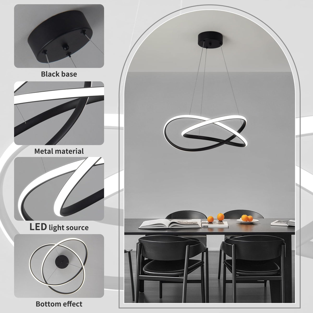 Modern LED Chandelier for Dining Room Pendant Light Fixture 40W (Black-20 Inches)