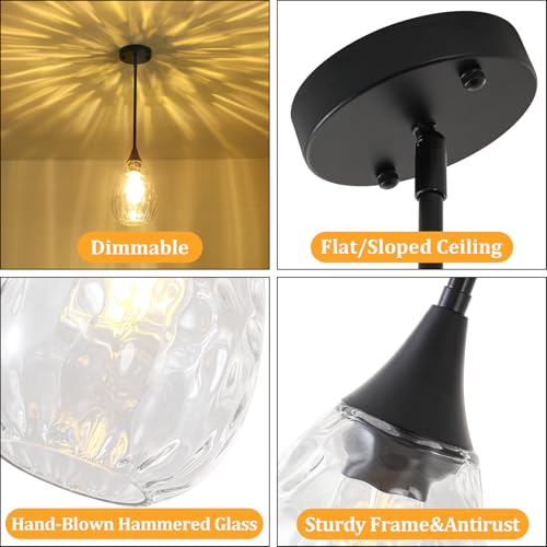 2 Pack Black Pendant Lights Kitchen Island Hammered Glass Light Fixtures (2 Pack Black)