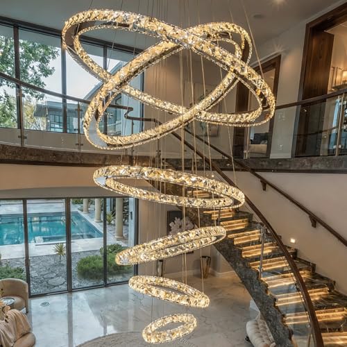 Modern Crystal Chandelier for High Ceiling Lights Fixtures Luxury 6 Ring Led Chandelier for Dining Room Big High Ceilings Foyer Chandeliers for Living Room Entryway Staircase (6 Ring-big)