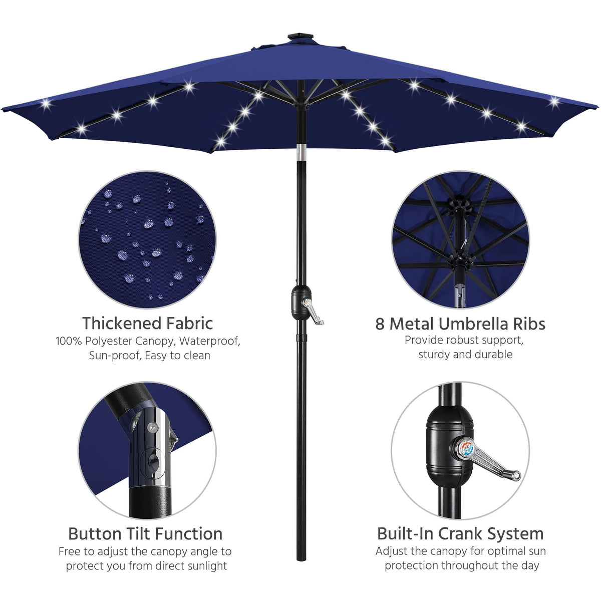 10FT Solar Patio Umbrella w (Navy Blue / 10FT)