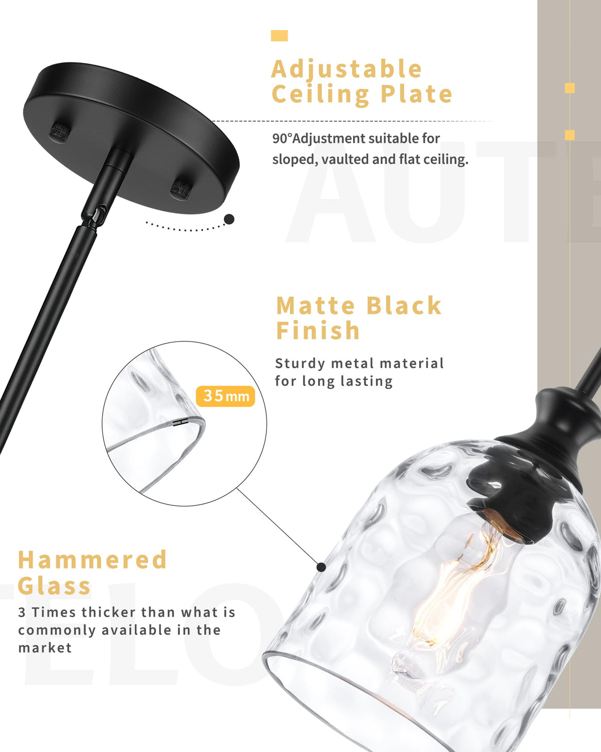 Modern Black Hammered Glass Pendant Lights Kitchen Island (1 Pack-Matte Black+Hammered Glass(Easy to install))