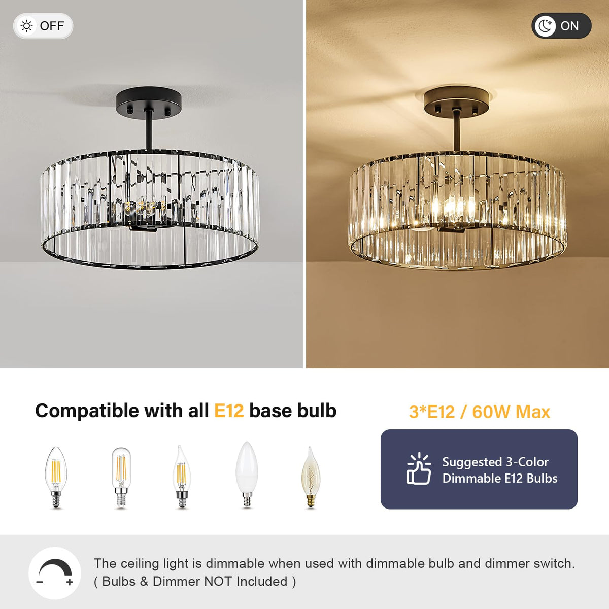 Crystal Black Ceiling Light (Black / 15.7 Inch)
