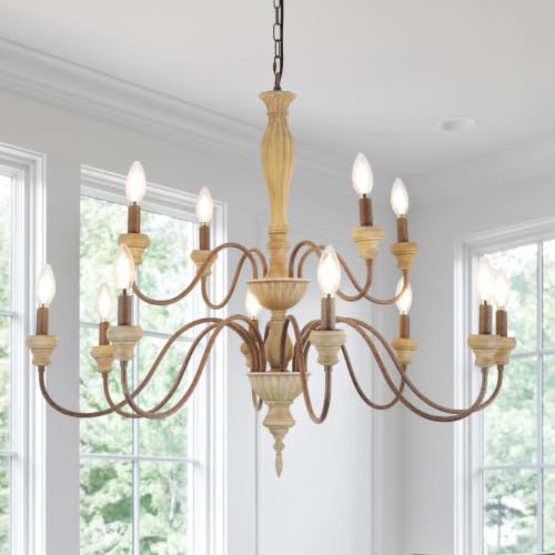 12 Light Large Farmhouse French Country Chandelier for Dining Room (Distressed Wood)