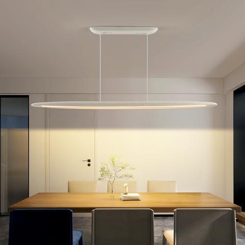 Minimalist Linear Pendant Light Dimmable LED Modern Chandelier Dining Room Island Light Restaurant Cafe Bar Office Hanging Lamp (White / 51 Inch)