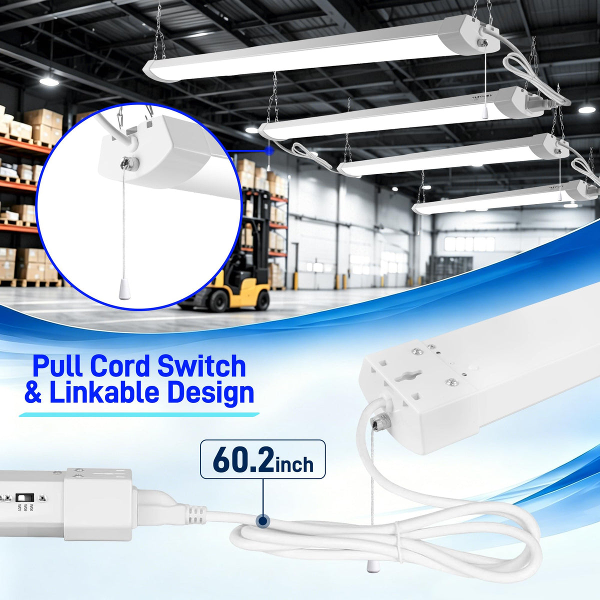 12000LM 4FT LED Shop Light with Pull Chain (White / 60W/80W/100W)