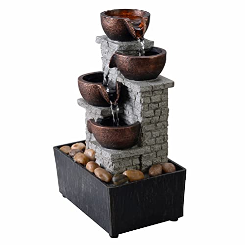 4 Tier Indoor Waterfall Tabletop Fountain with LED Lights and Natural Rocks (4-tier Cascading Bowl / 5.9"L x 4.1"W x 9.3"H)
