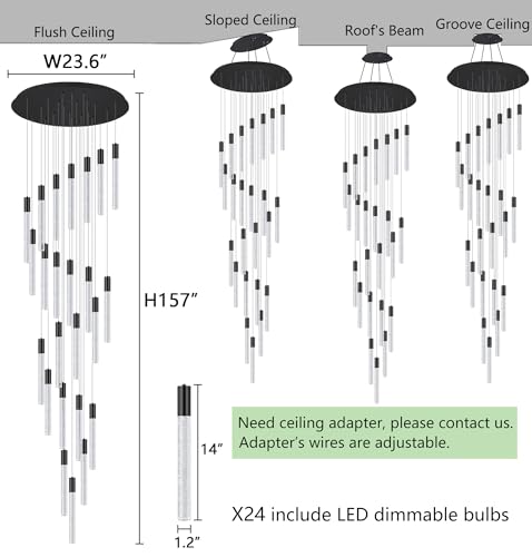 13 Foot High Ceiling Chandelier for Entryway Modern Crystal Lights for Living Room Foyer Flush Mount Sloping Ceiling Pendant Light Fixture Remote Dimmable 24 (24 lights / Black)