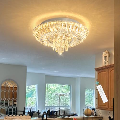 Crystal Chandelier 25W Modern Round Ceiling Light Fixture LED Raindrop Chandeliers Dimmable with Remote for Dining Room Living Room Entryway Hallway Bedroom Silver (Silver / W16")