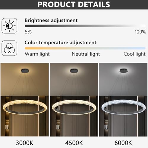 40" 1 Ring Crystal Chandelier Modern LED Dimmable Ring Pendant Light Chandelier for Dining Room Living Room Black (Black / 1 Ring Round 40")