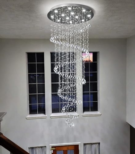 LED High Ceiling Chandelier Crystal Chandeliers Light Fixtures with Dimmable Light Bulbs Gold Living Room Foyer Chandelier Modern Pendants Lights for Entryway Staircase Silver (Silver / Spiral W32" X H78")