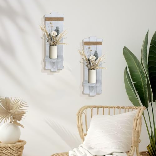 Handmade Wooden Candle Sconces Set of 2 Farmhouse Wall Decor (Grayish-white / 5.3"L x 4.7"W x 16"H)