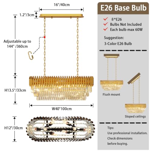 8 Light Modern Gold Crystal Chandelier (Gold L40")