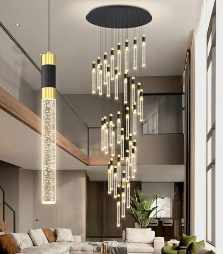 16 Foot High Ceiling Chandeliers for Living Room Entryway 32 Lights LED Lights Pendant Lighting with Dimmable Light Modern Crystal Ceiling Lights Dining Room Foyer Front Door Light (32 lights Cylindrical)
