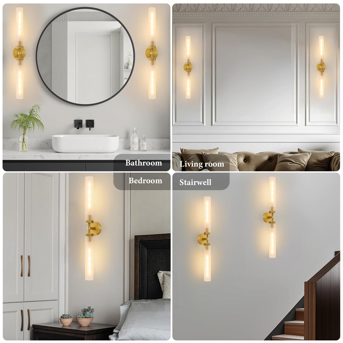 Gold Brass Bathroom Wall Sconce (Elegant Gold-Frosted Glass / 2 Pack)