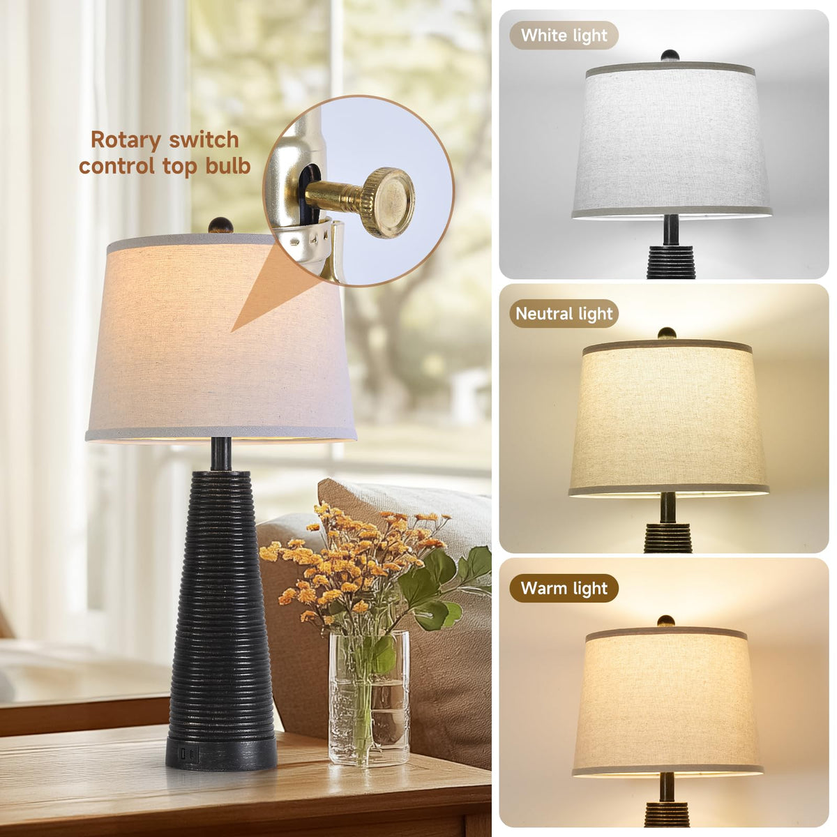 Nightstand Lamp Bedside Lamps Set of 2 Desk Lamp Vintage Rustic Farmhouse Table Lamp 3 Way Dimmable Light (BLACK WITH GOLD / High 24/27 Inch)