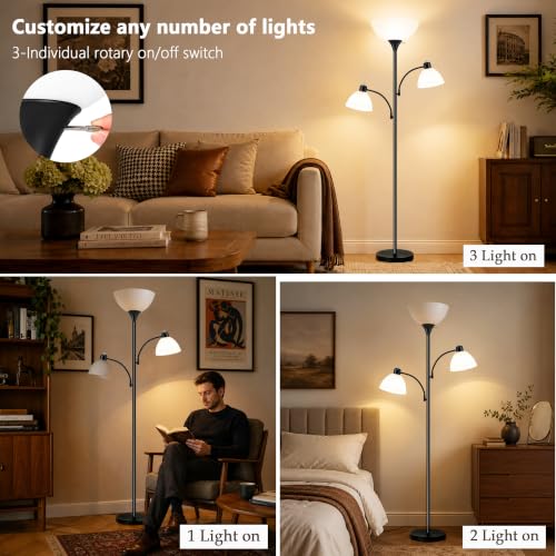 72" 3 Head Torchiere Floor Lamps with 2 Reading Lamp for Living Room (Black)