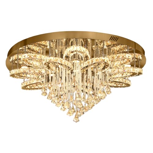 W48 Large Crystal Chandelier Crystal Flush Mount LED Gold Ceiling Light Fixture for Living Room Foyer Dining Room Hallway Dimmable 2700k 4500k 6000k (Gold / W:48inches)