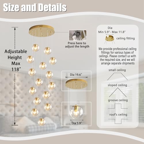 15 Light Gold Chandelier with Globe Glass Dimmable Ceiling Light Glass Pendant Light for Kitchen Island (Gold-Clear / Globe 15-Light)