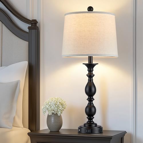 28" Black Modern Table Lamps Set of 2 with USB C+A Ports and AC Outlet (Black-2 Pack)