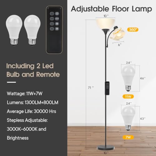 Torchiere Floor Lamp with Remote Control and Adjustable Reading Light (Matte Black)