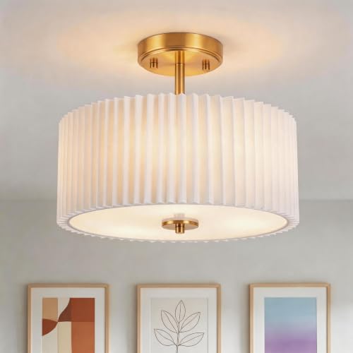 3 Light Semi Flush Mount Ceiling Light Fixture (Gold + Pleated White Shade)