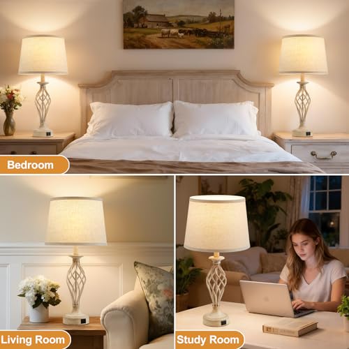 Table Lamp for Bedroom Set of 2 with USB C+A Ports (Beige Base + Light Oat Color Shade)