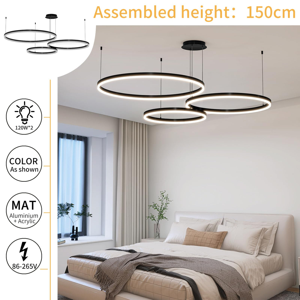 Modern Ceiling Chandelier Light (Black / 7.87+15.74+23.62in)