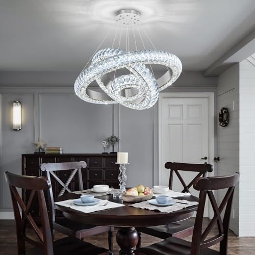 23.6" 3 Ring Crystal Chandelier Modern LED Dimmable Ring Pendant Light Round Chandelier for Dining Room Living Room Silver (Silver / 3 Ring Round 24")
