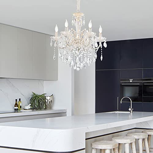 6 Lights K9 Crystal Candle Chandelier Modern Luxurious Light Candle Pendant Lamp Ceiling Living Room Lighting Plug in Chandelier for Dining Living Room Bedroom Hallway Entry (W6039-6-White)