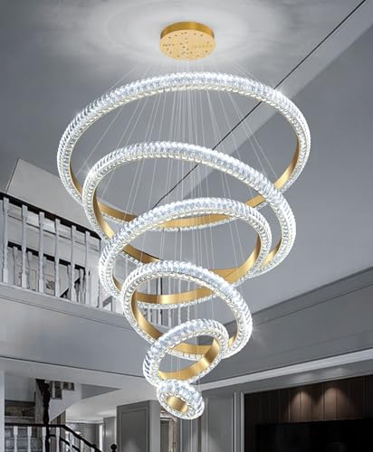 47" 6 Ring Crystal Chandelier Modern LED Dimmable Ring Pendant Light Chandelier for Dining Room Living Room Gold (Gold / 6 Ring Round 47")