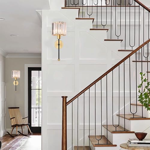 Modern Glass Crystal Wall Sconces Battery Operated Set of 2 (Gold-Black)