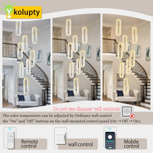 Modern Led Gold Chandelier Adjustable 8 Rings Crystal Chandelier for Foyer Stairwell Crystal High Ceiling Pendant Light Dimmable 2700K (Gold / 8 Rings (New))