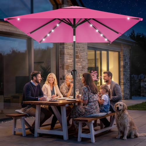6.5' x 10' Rectangular Patio Umbrella with Solar Lights (Rose Pink / 6.5X10 FT)