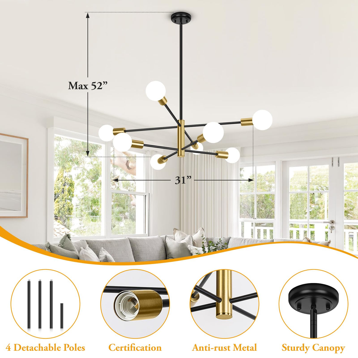 8 Light Modern Chandelier for Dining Room (Black & Gold / 8 Light)