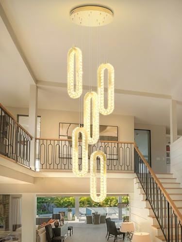 Modern LED Chandelier 5 Ring Gold LED Pendant Light Adjustable Height Hanging Chandelier for Staircase Foyer (Gold / 5 Rings (New))