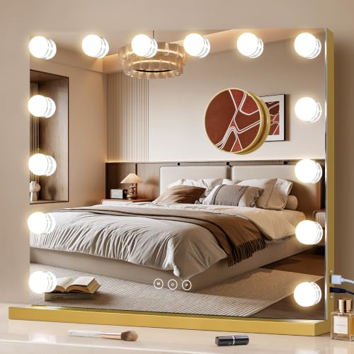 Vanity Mirror with Lights 19.7''x16.6'' Makeup Mirror with Lights Lighted Up Mirror with Dimmable LED Bulbs (Gold / 19.7"L x 16.6"W)