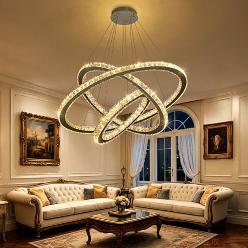Crystal Chandelier Modern Dimmable LED Ceiling Light Fixture with Remote 3 Rings Stainless Steel Pendant Lighting for Living Room Dining Room Foyer Black (Black / 3-Ring 32")