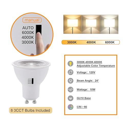 Track Lighting with GU10 3CCT Dimmable Replaceable Bulbs White 8 Heads (White)