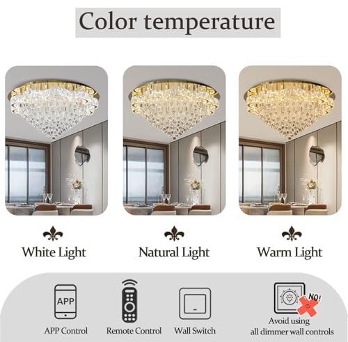 40in Modern LED Gold Chandelier for Living Room Round Crystal Ceiling Light Fixtures Flush Mount Chandeliers Ceiling Chandelier for Foyer Hallway Dining Room (Gold / 40inch)