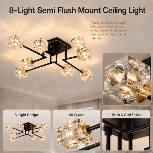 8 Light Crystal Semi Flush Mount Ceiling Light (Black+Gold (8-light))