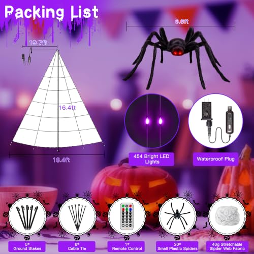 Halloween Sipder Web Lights 454 LED 16.4 FT Tall with Red Eyes Giant Spider (Purple / 16.4FT)