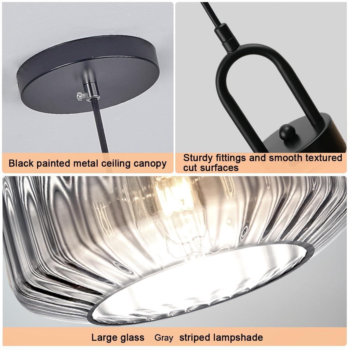 Gray Pendant Light Fixture Large Glass Pendant Light Fixture Vintage Industrial Ceiling Hanging Lights 11" Striped Wave Shade Black Metal Ceiling Hanging Lighting Farmhouse Kitchen (Gray)