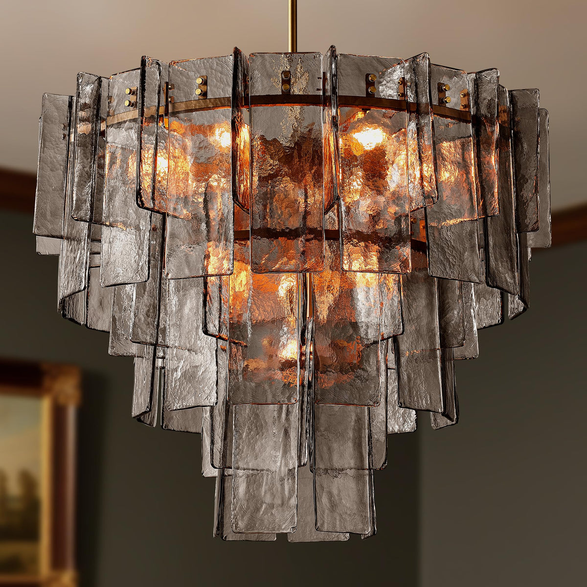 36" Extra Large Tiered Smoked Clear Textured Glass Chandelier (Gold-3(36''))