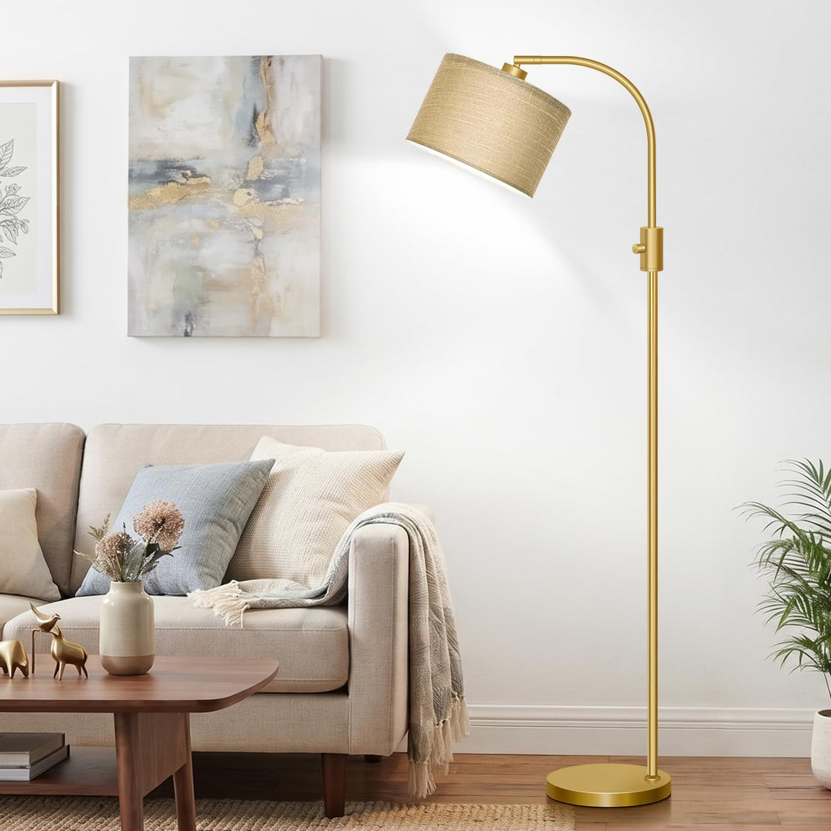 Dimmable Gold Floor Lamp (Gold-Champagne Linen Shade)