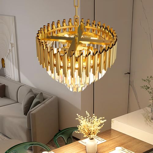 Modern Gold Crystal Chandelier 16" Round Chandeliers for Dining Room 3 Tiers Ceiling Pendant Light Fixtures Adjustable Hanging Chandeliers for Living Room Foyer Bedroom Kitchen (D15.5"XH13.3" Gold)