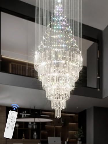 D48''X H120''High Ceiling Chandelier Crystal Raindrop Chandeliers Large Villa Chandelier Entrance Foyer Hight Ceiling Lighting LED Dimmable 2700K (Silver / D48"X H120")