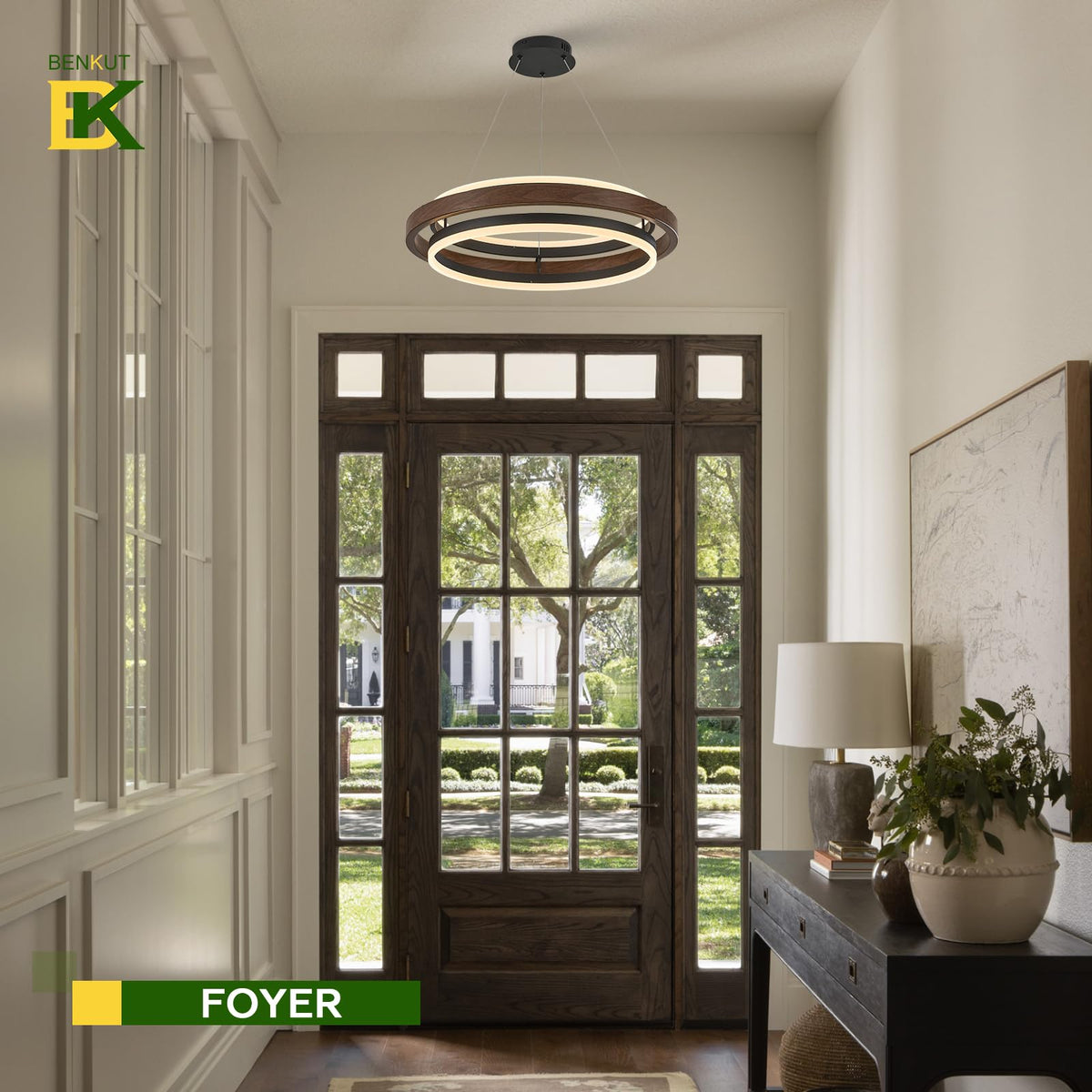2 Rings Modern LED Chandelier Black Walnut Color with Remote (Wood Grain Black / 2 Rings 24 inches Up&Down)