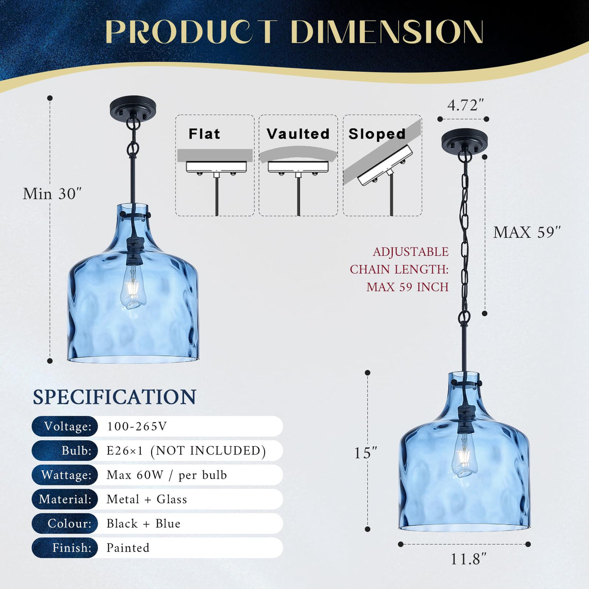 12" Blue Farmhouse Pendant Light (Blue Hammered)