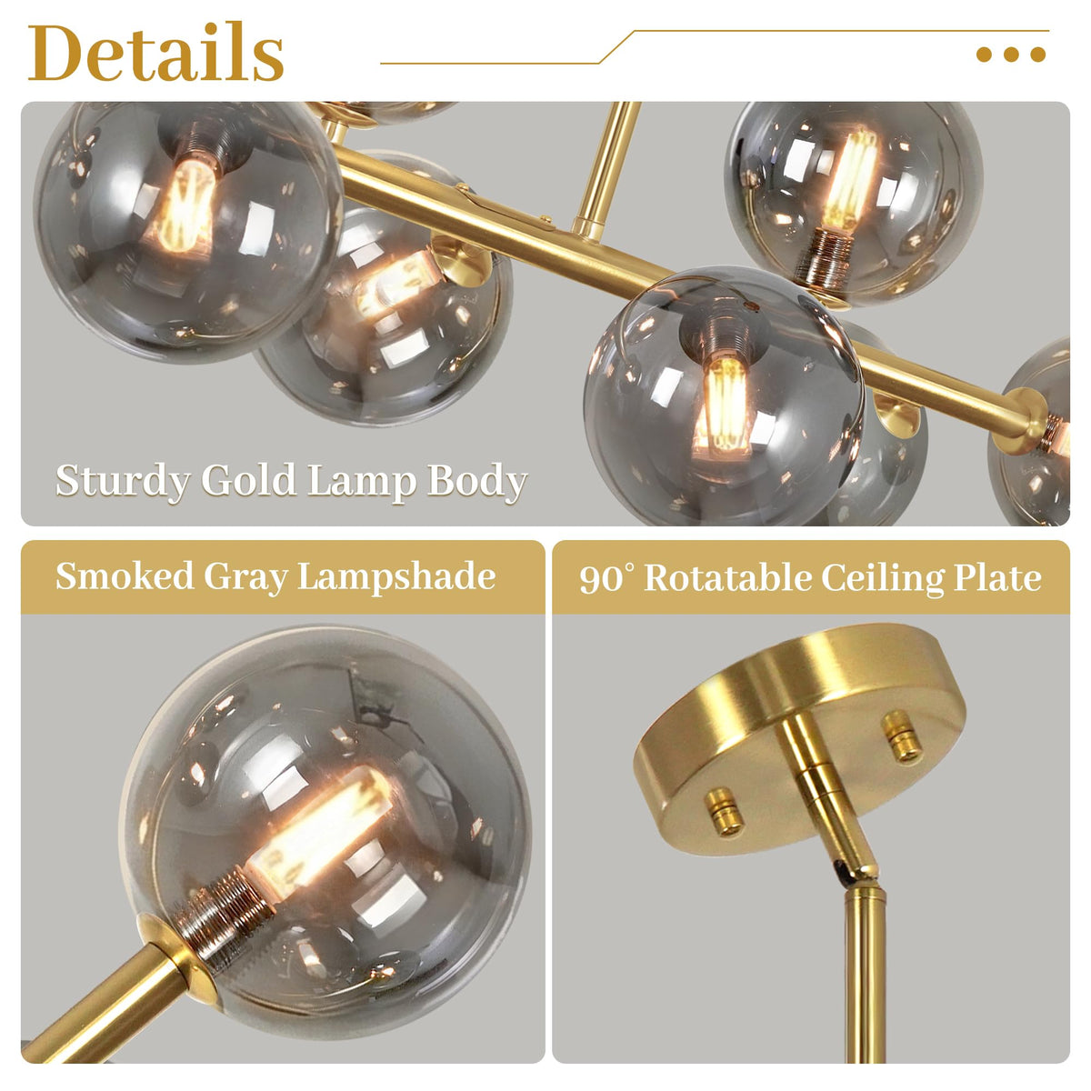 Gold Linear Chandelier 37" Dining Room Light Fixture Modern Sputnik Light (Gold and Gray / 8 Light)